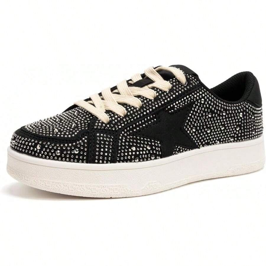 Niluber Star Sneakers For Women Low Top Cushioned White Gold Sliver Leopard Platform Sneakers Lace Up Red Glitter Platform Party ShoesChristmas - 黑色水鑽 - 查看 1