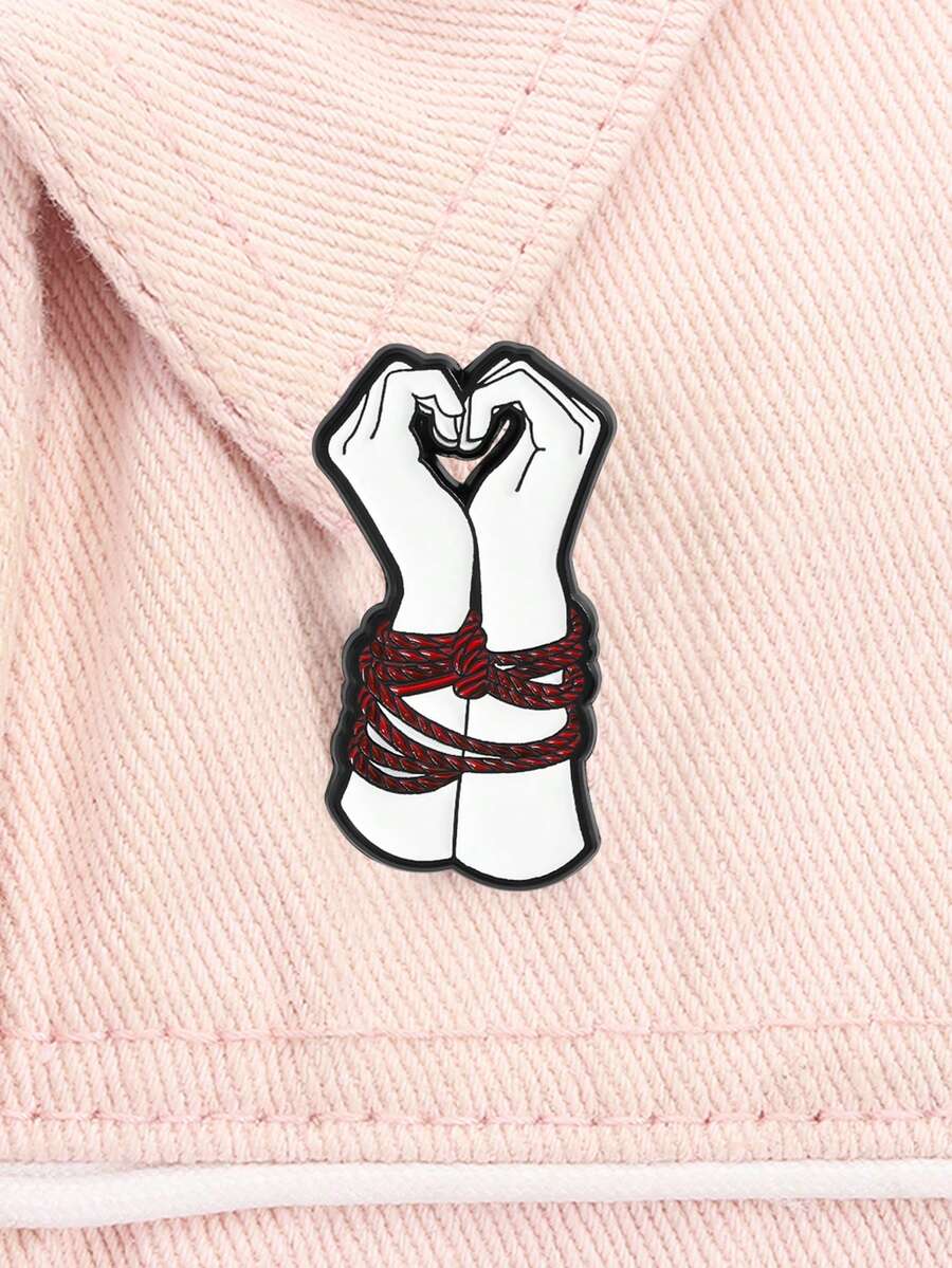 1PC Red Rope Binding Hands Together Enamel Pin Finger Heart Gesture Metal Brooch Lapel Backpack Badge Jewelry Gift - Multicolor - View 1