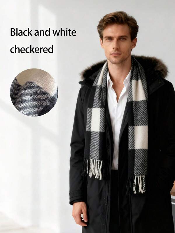 1 pièce Écharpe vintage élégante noire et blanche à carreaux et rayures, en acrylique jacquard avec franges, écharpe unisexe épaisse et chaude pour l'hiver, convient comme cadeau pour le petit ami, le mari, le père, accessoire d'usage quotidien