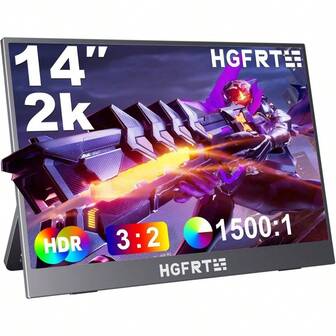 2K Portable Monitor, 14 Inch 3: 2 Ultra Slim Portable Laptop Monitor 2160 * 1440 QHD External Display With Dual Speakers HDR External Second Travel Screen Laptop PC Phone Game/8/10