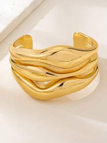 3件/套 简约光滑几何波浪不对称水滴形手链套装，适合女性，精致质感抛光金属和锌合金材质 - 金黃色 - 查看 4