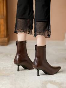 High-Quality Brown Retro Back Zipper Pointed Toe Maillard Boots, New Autumn/Winter Women's Versatile Elastic Skinny Boots, Slim Heel Short Ankle Boots,Burgundy Heels - Brown - View 2