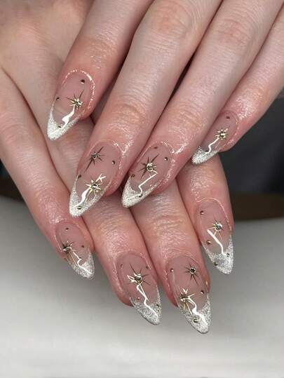 10 ชิ้น เล็บปลอมสีนู้ดทรงอัลมอนด์ Y2K ตกแต่งด้วยจุดกลิตเตอร์สีขาวและพลอยเทียมรูปดาว, แถมฟรีตะไบเล็บ 1 อัน และสติกเกอร์กาวติดเล็บ 1 แผ่น ชุดทำเล็บนี้มีเล็บปลอมที่ถอดออกได้ เหมาะสำหรับวันหยุด, ปาร์ตี้, ออกเดท และใส่ได้ทุกวัน อุปกรณ์ทำเล็บ