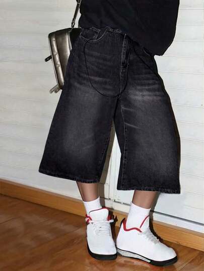 Women Summer Jorts Y2K Washed Cat Whiskered Casual Daily Wear Fashion 90s Straight Leg Bermuda Shorts