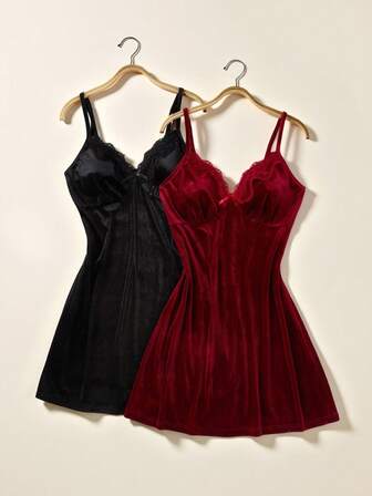 2pcs Women's Elegant Velvet Lace Trim Camisole Nightgown Set Velvet Sleep Dress Lingerie Dress Night Dress Velvet Lingerie Dress Velvet Nightgown Women Velvet Nightdress, Fall Winter Clothes