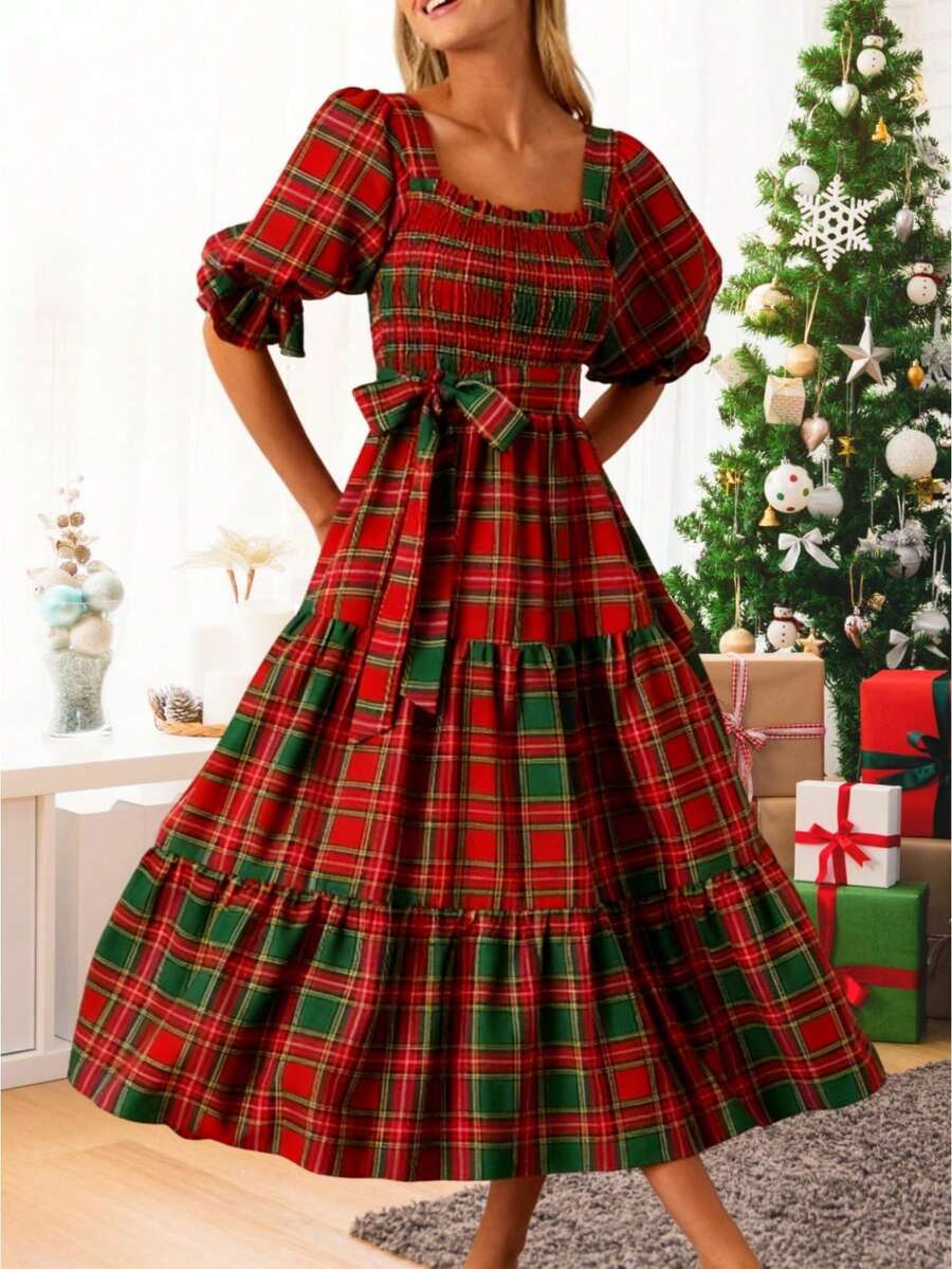 Women's Christmas Smocked Maxi Dress 2025 Fall Casual Puff Sleeve Plaid Print Ruffle Long Flowy Dress Casual Swing Babydoll Dress Xmas Holiday Party Outfit - 紅色 - 查看 1