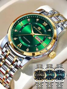 1pc Men's Quartz Watch, 41mm Classic Luxury Diamond Calendar Clock, Green/Blue/Gold/Silver/Black Stainless Steel Dial, Genuine Quartz Movement, 3 Bar Water Resistant, Business Style, Exquisite Couple Watch - Green - View 2