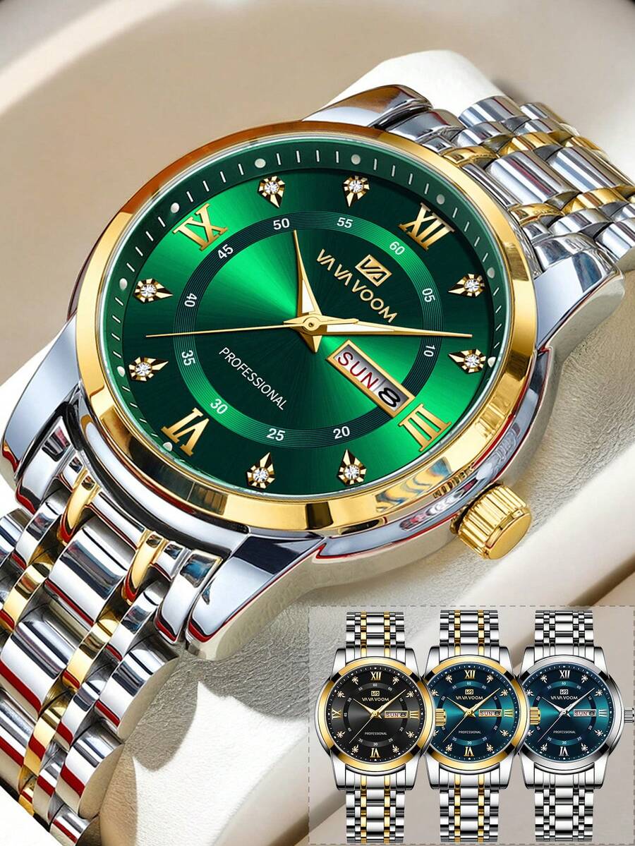 1pc Men's Quartz Watch, 41mm Classic Luxury Diamond Calendar Clock, Green/Blue/Gold/Silver/Black Stainless Steel Dial, Genuine Quartz Movement, 3 Bar Water Resistant, Business Style, Exquisite Couple Watch