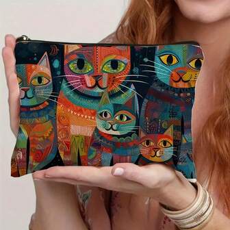 Canvas Toiletry Bag With Colorful Cat Design - Casual Style Foldable Lightweight Cosmetic Pouch With Zipper Closure For Travel, Stationery & Diabetic Supplies