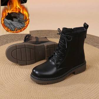 1 Pair Women's Western Style Motorcycle Boots, Faux Leather With Side Zipper, Metal Eyelets, Lace-Up, Warm Thermal Lined, Non-Slip, Suitable For Holidays And Winter