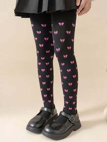 4 Pairs Girls' Heart & Bow Print Tight Leggings, High Density Knit, All Season - Multicolor - View 17