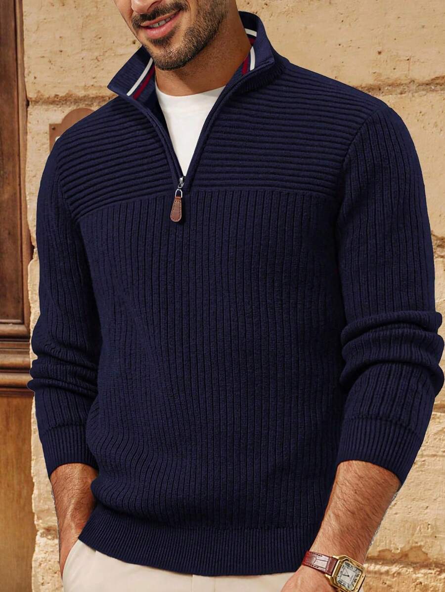 Pull-shirt zippé pour hommes, pull décontracté coupe slim avec col polo texturé, pull col montant demi-zip