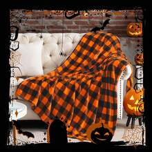 Checkered Blanket For Decor & Gift, Orange And Black Buffalo Plaid Throw Blanket For Couch, Soft & Warm Fleece Throw For Women Men Halloween Thanksgiving Fall - 橙色和黑色 - 查看 2