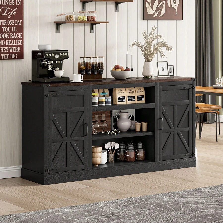 66"/75" Farmhouse Coffee Bar With Charging Station, Sideboard Buffet With Large Storage, Wood Storage Cabinet With Adjustable Shelves For Kitchen, Living Room - 查看 1