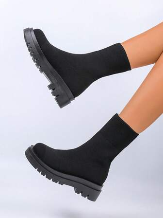 女士新款休闲潮流踝靴，户外圆头弹力针织袜靴，粗跟，纯色，女靴