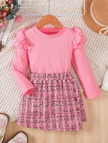 2pcs/Set, Ruffle Trim Long Sleeve Top + Tweed Knit Skirt - Spring/Autumn Outfit, Girls Set, Gift, Teen Clothing - Pink - View 3