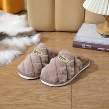 Pantuflas de pareja de pana retro, con elemento de cuadros de unicolor, aptas para uso interior y exterior - Café integral - Ver 8