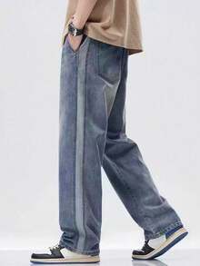 بنطلون جينز مستقيم الساق مع تصميم ألوان متباينة للمراهقين/الأولاد، بنطلون فضفاض كاجوال واسع الساق، وصول جديد للربيع/الخريف