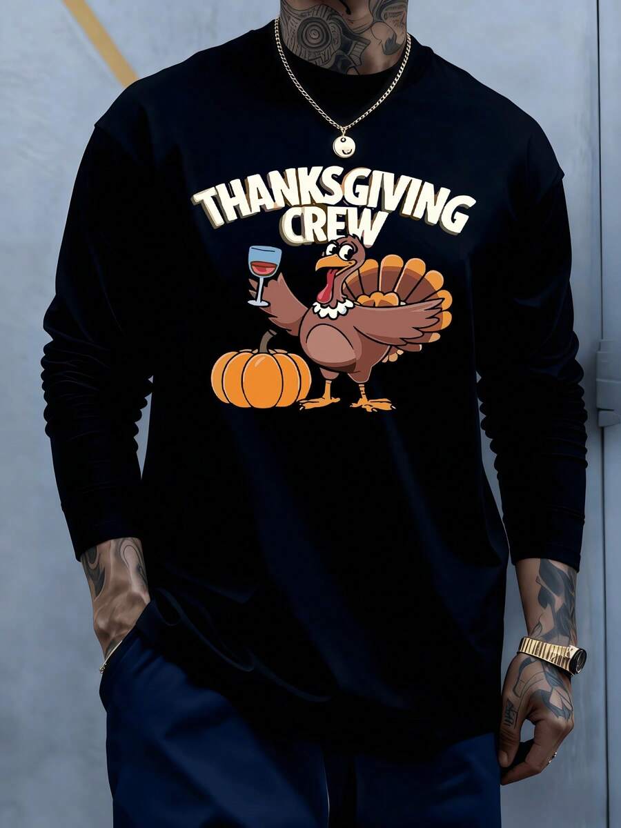 Cheerful Cartoon Turkey Holding Wine Glass 2pcs Set TShirt And Shorts Set Autumn Men Comfortable Soft Casual Wear - 黑色 - 查看 1