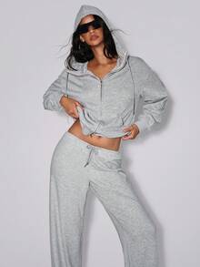 TypaGal Sudadera con cremallera frontal y bolsillo de manga larga para mujer, minimalista, casual, para graduación, regreso a la escuela, maestros, otoño, invierno, casual, deportiva, elegante, gris básica - Gris - Ver 3