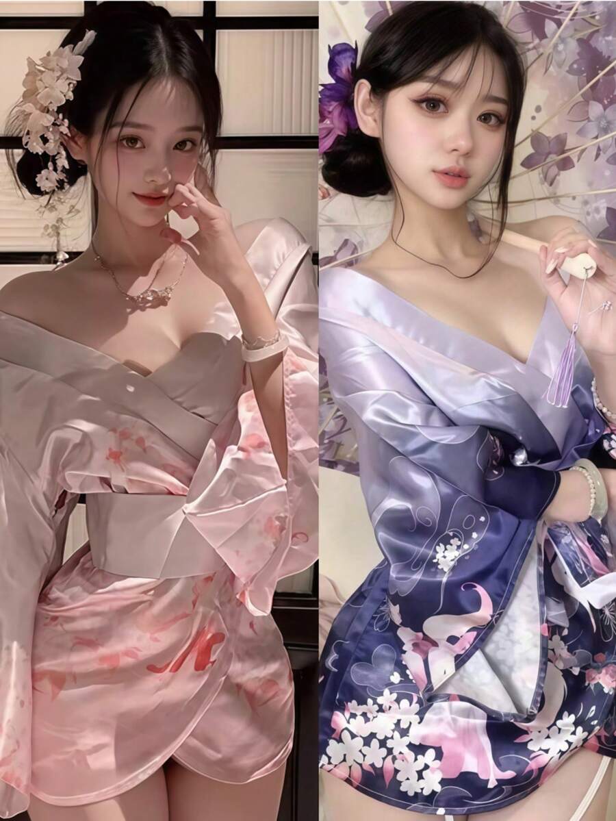 1pc Japanese Style Sakura Maid Sexy Innocent Kimono Dress Costume Set, Suitable For Festivals, Parties, Performances, Photoshoots, Includes Dress Only