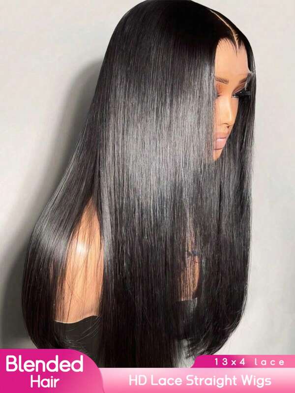 Peluca frontal de encaje de 34 pulgadas, 13x4, cabello humano mezclado, pre-arrancado con cabello de bebé, densidad del 200%, cabello liso, encaje frontal HD transparente, peluca frontal de encaje de cabello humano mezclado para mujeres, peluca sin pegamento, cabello humano mezclado, color negro natural