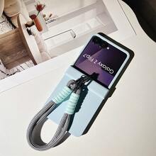Korean Style Sky Blue Phone Case With Black & White Striped Wrist Strap, Compatible With Samsung Galaxy ZFlip7, Z Flip6, ZFlip 5, Shock-Resistant Back Cover - 天藍 - 查看 6
