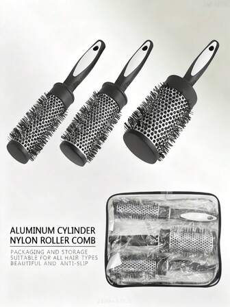 男女通用四件套圆梳套装，吹风造型梳，防静电铝制梳筒，可打造蓬松卷发，附赠收纳袋