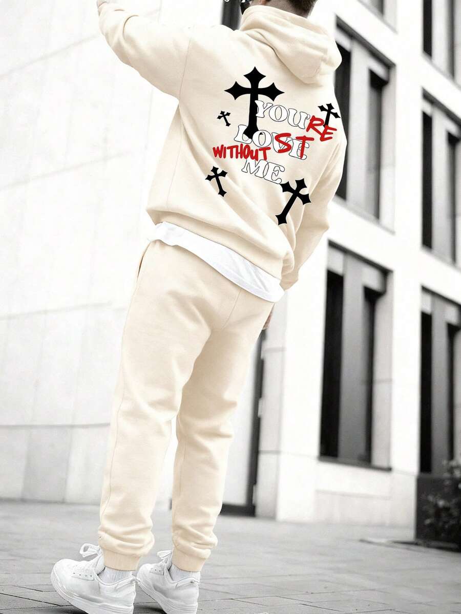 SECRET BASE Men's Religious "Jesus" & Cross Graphic Hoodie And Sweatpants Set - Oversized Streetwear TracksuitSECRET BASE Men's Religious "Jesus" & Cross Graphic Hoodie And Sweatpants Set - Oversized Streetwear Tracksuit - 杏色 - 查看 1