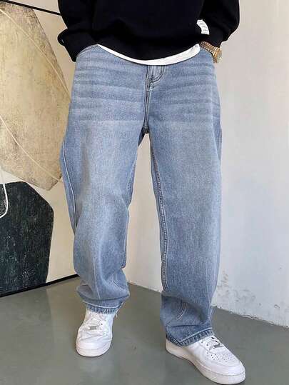 1 pieza Jeans de mezclilla lavados de pierna recta y holgados de estilo japonés versátil para hombre