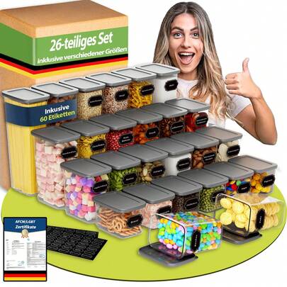 26-teiliges luftdichtes Lebensmittelaufbewahrungsbehälter-Set (mit Deckeln) – ideal für die Organisation und Aufbewahrung von Getreide, Reis, Nudeln, Tee, Nüssen und Kaffeebohnen in Küchenschränken, mit Etiketten und Marker ausgestattet, geeignet für Kühlschränke und Schränke