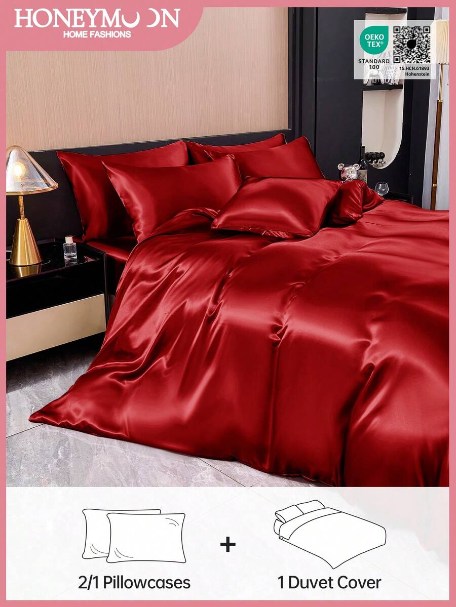 2/3pcs Luxury Satin Duvet Cover Set, Includes 1 Duvet Cover And 1/2 Pillowcase(S), Made Of Luxurious Silk-Like Fabric, Soft And Breathable, Perfectly Fits Twin, Full, Queen, King Size Beds, Machine Washable, Oeko-Tex Certified - Red - View 1