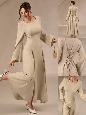 Women's Elegant A-Line Linen Dress With Waist Tie, Trumpet Sleeves & Gathering – Ideal For Daily Casual Wear & Parties