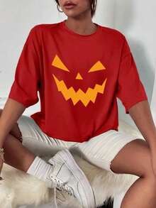T Shirt Oversized Confortável Estampada Halloween Abobóra Blusa Feminina Casual Promoção Street Wear Plus Size - Vermelho - Visão 8