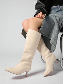Fall/Winter Button Patchwork Convertible Knee-High Boots, 2025 Summer New Sexy High Heel Fashion Boots For Women, Pointed Toe Stiletto,Kitten Heels - Beige - View 5