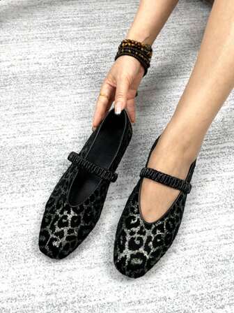 Women's New Flat Shoes, Fashion Square Toe, Elastic Band, Leopard Spot Pattern, Mary Jane Ballet Flats, Suitable For Daily Wear, Walking, Work, Vacation, Party, Fashion Show, Can Be Paired With Jeans, Skirts, Dresses, Casual And Comfortable