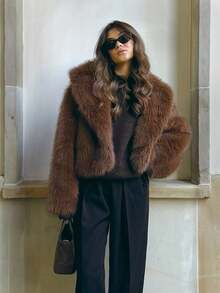 SHIBASHAN Winter Fashion Cropped Faux Fur Jacket Turn-Down Collar Long Sleeve Plush Warm Coat