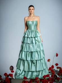 Faeriesty 优雅的无肩带心形领口修身连衣裙，露背系带设计，多层荷叶边下摆及地长裙——是婚礼、正式晚宴、毕业舞会和舞会的理想选择。 - 綠色 - 查看 8