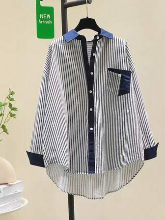 Camisa/Cardigan holgado con diseño versátil de estilo casual de commuter, con parches asimétricos y rayas en el cuello para mujer