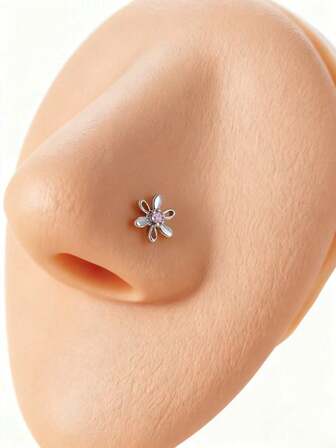 1 Pc Delicate Stainless Steel Gold/Silver Tone Blue CZ Flower Design L-Shaped Nose Ring Studs For Women - Ideal For Daily Wear, Party & Fashion Styling