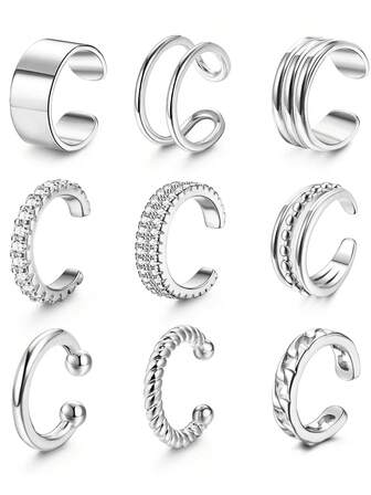 9pcs/Set Minimalist Metal Geometric Crystal Ear Cuffs, Unisex Suitable For Vacation, Date, Party, Daily Wear, Valentine's Day Gift For Friends And Mom