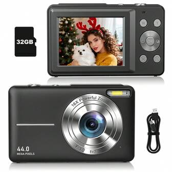 Cámara Digital, Cámara Compacta Fhd 1080p 44mp 16x Zoom, Apuntar Y Disparar Con Tarjeta Sd De 32gb, Correa De Muñeca, Cámara De Bolsillo Para Principiantes (negro)