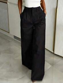 Plus Size Women's Pleated Solid Black Pocket Zip Button Office Pants