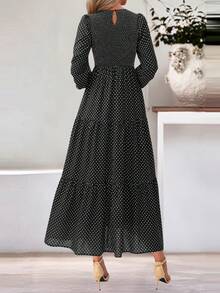 Women Floral Long Sleeve High Waist Polka Dot Smocked A-Line Flowy Boho Maxi Dresses Spring Fall Autumn Holiday Vacation Valentine Dress Outfits - 黑色波點 - 查看 2