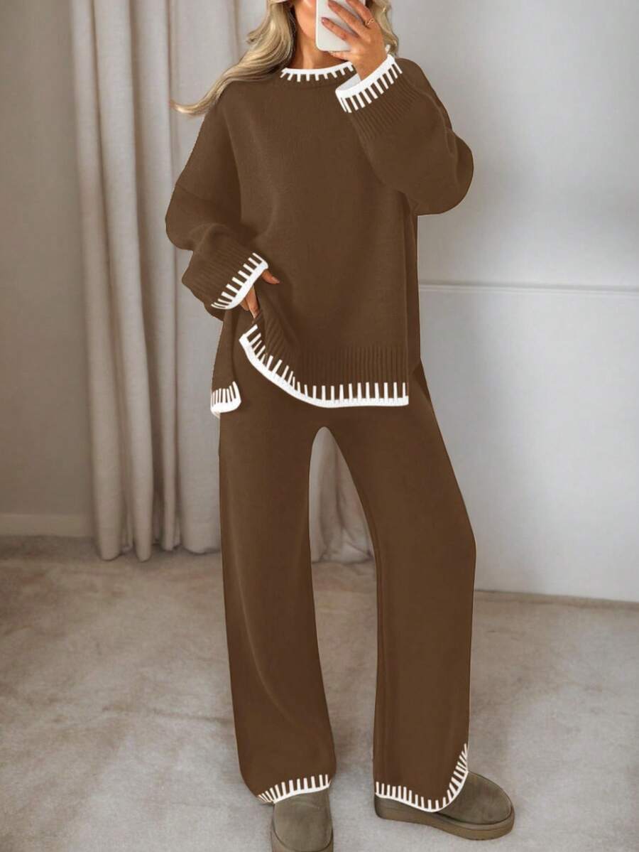 مجموعة كنزة صوفية محبوكة ذات لونين متباينين للنساء، كنزة صوفية بياقة طاقم وأكمام طويلة مقترنة مع بنطلون، طقم ملابس كاجوال مكون من قطعتين للنساء للخريف/الشتاء، ملابس منزلية - بني - مشاهدة 1