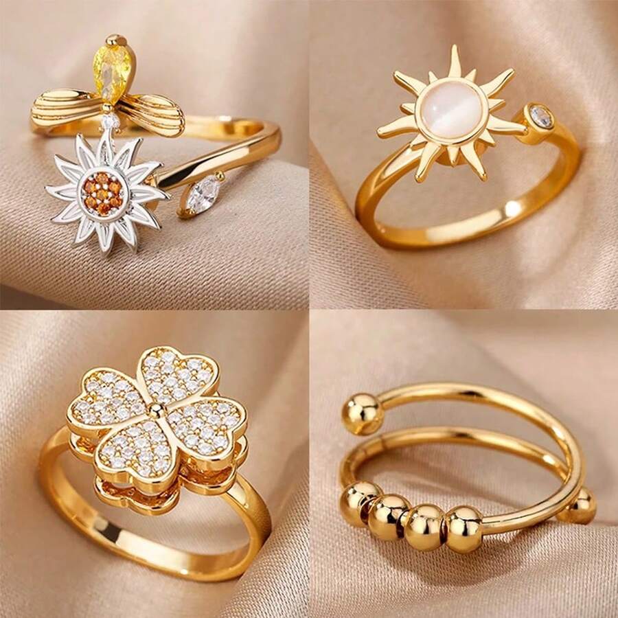 1 Pc Anti-Stress Anxiety Rings For Women Gold Color Open Adjustable Rotating Ring Aesthetic Wedding Fashion Jewelry Christmas Gifts For Birthday,New Year