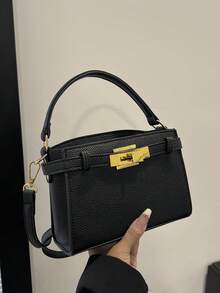 Borsa a mano da donna alla moda di alta gamma con motivo litchi, semplice decorazione con cinturino, tracolla regolabile, borsa a tracolla con chiusura in metallo raffinata - nero - Visualizzare 9