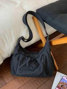 Plaid Women's Shoulder Bag, Casual Versatile Foldable Zipper Closure Adjustable Strap Handbag, Suitable For Daily Use, Students/College, Minimalist Cute Pleated Multi-Pocket Drawstring Front Pocket Tote - Multicolor - View 1