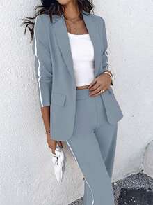 2 piezas Conjunto de top de manga larga elegante y pantalones casuales con bloques de color contrastante para mujer - Neblina azul - Ver 4