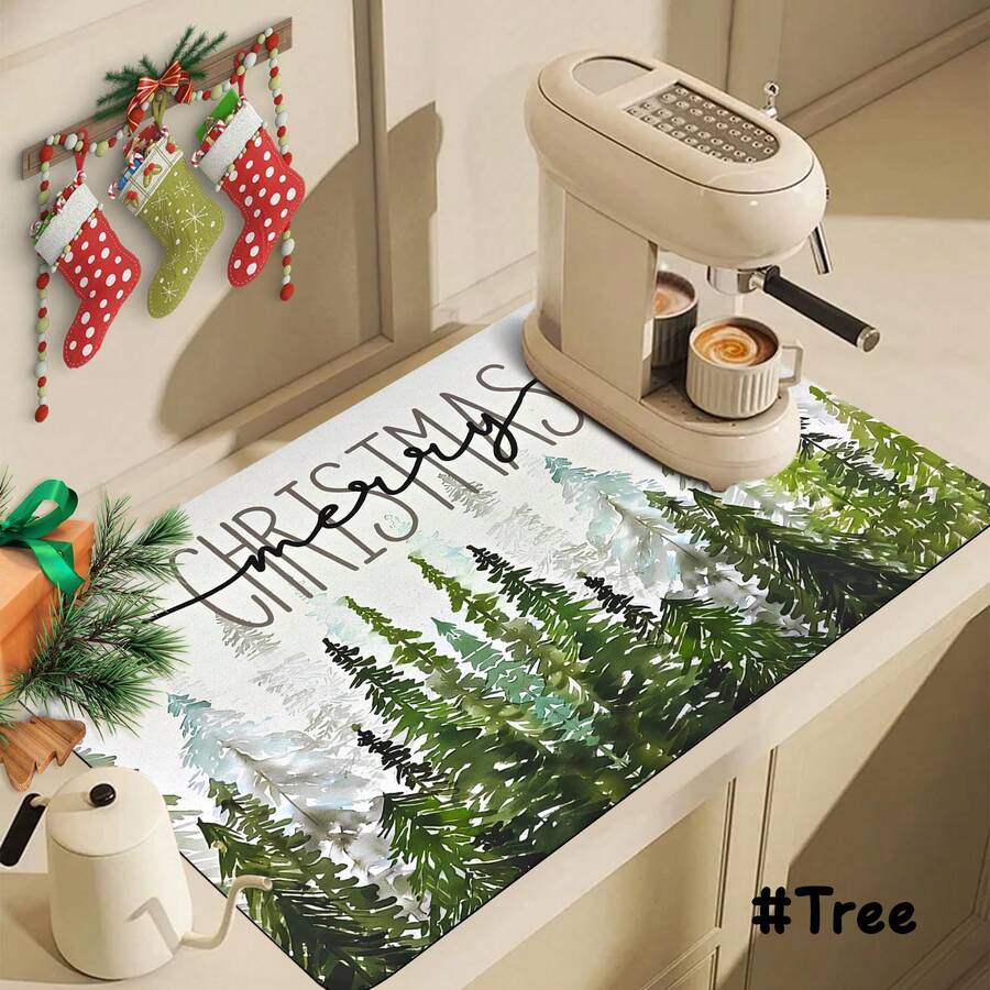 Weihnachts-Geschirrtrockenmatten für die Küchentheke, Weihnachtsbaum Kaffee-Bar-Matte für die Arbeitsplatte, aus Diatomeenerde, absorbierend, ästhetische Küchendekorationen